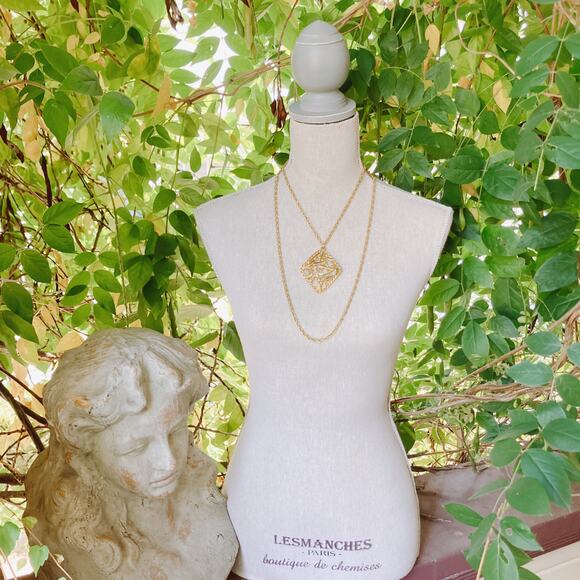 VTG 1970s Gold Tone Modernist Pendant Necklace Long Rope Chain 48" - Picture 5 of 9